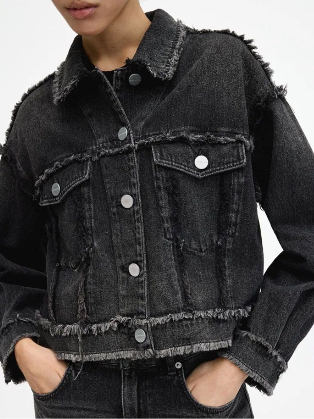 Allsaints Claude Relaxed Fit Frayed Denim Jacket in blackish grey 4